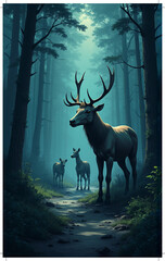 A majestic stag stands in a misty forest, surrounded by gentle deer, creating a serene and enchanting atmosphere.