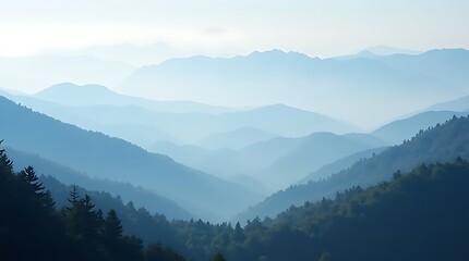 Obraz premium Misty Mountain Range in Soft Blue Hues, Generative AI