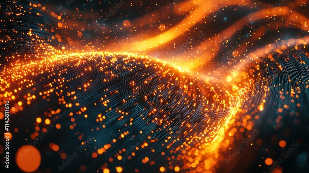 Poster abstract waves of glowing particles in motion.