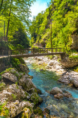 Wooden bridge crossing tolmin gorges in slovenia during summer
