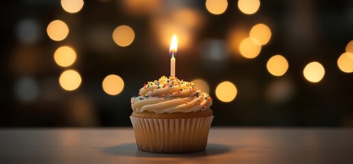 A lit cupcake with frosting and sprinkles, set against a blurred background.