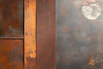 Textured metallic surface showcasing rust and patina with a subtle lunar reflection in a...