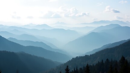 Naklejka premium Misty Mountain Range in Soft Blue Hues, Generative AI