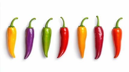 Colorful array of fresh chili peppers on a white background.