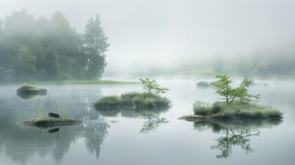 Fototapeta premium Misty lake with green islets creating a tranquil atmosphere, serene and ethereal, natural misty light 