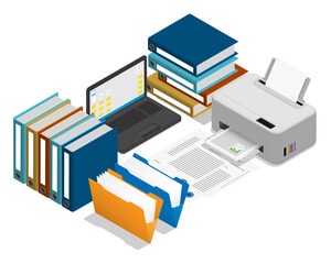 Isometric workplace of an employee of archive, accounting, or personnel department. Organization of storage and ordering of documents. Realistic 3D vector isolated on white background