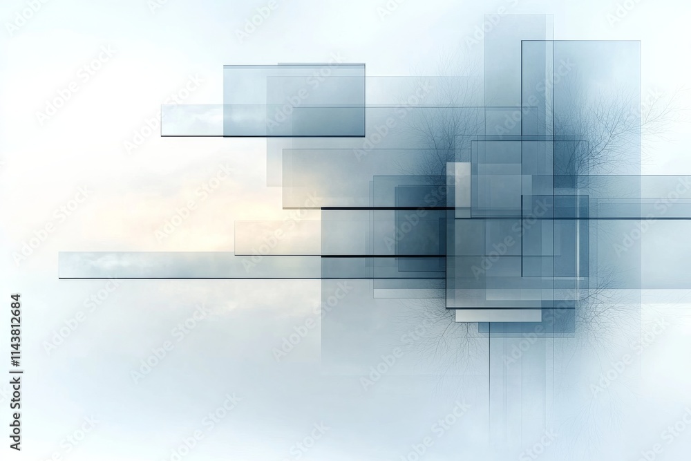 Poster abstract design featuring translucent geometric shapes layered over a soft background with a calming