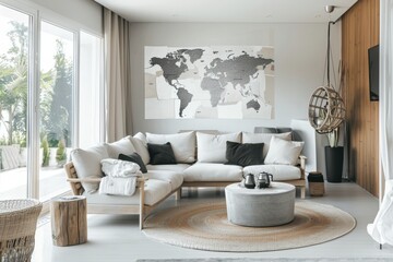 Modern living room with a world map wall decor, stylish and cozy ambiance with contemporary furniture, soft natural light entering through large windows, 24mm wide-angle lens.
