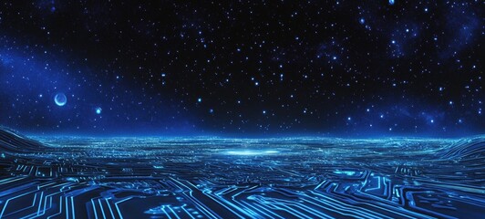 Abstract Digital Background Blue Glowing Circuit Board Meets Starry Night Sky