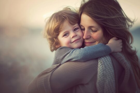 Mother hugging her small son, displaying joy and warmth on a bright background, soft focused light.