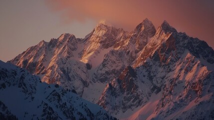 Mountain peaks illuminated by sunset, creating a serene atmosphere, natural evening light, 24-70mm focal length.