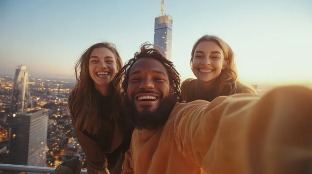 Diverse friends taking a selfie at sunset urban cityscape vibrant atmosphere aerial view friendship