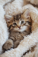 Cute kitten nestled in fluffy bedding