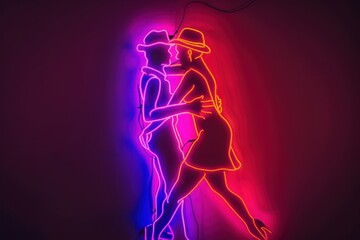 Neon glow outline of a couple dancing salsa, vibrant and dynamic. Soft neon lighting.