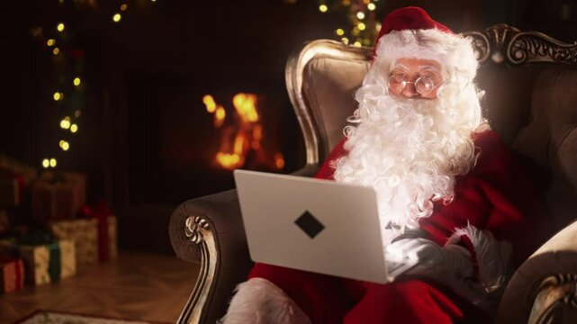 Mystery and magic in Christmas night, Santa Claus chatting by video conference. old wizard talking and looking at web camera, medium portrait in decorated living room in cozy home, Xmas an New year