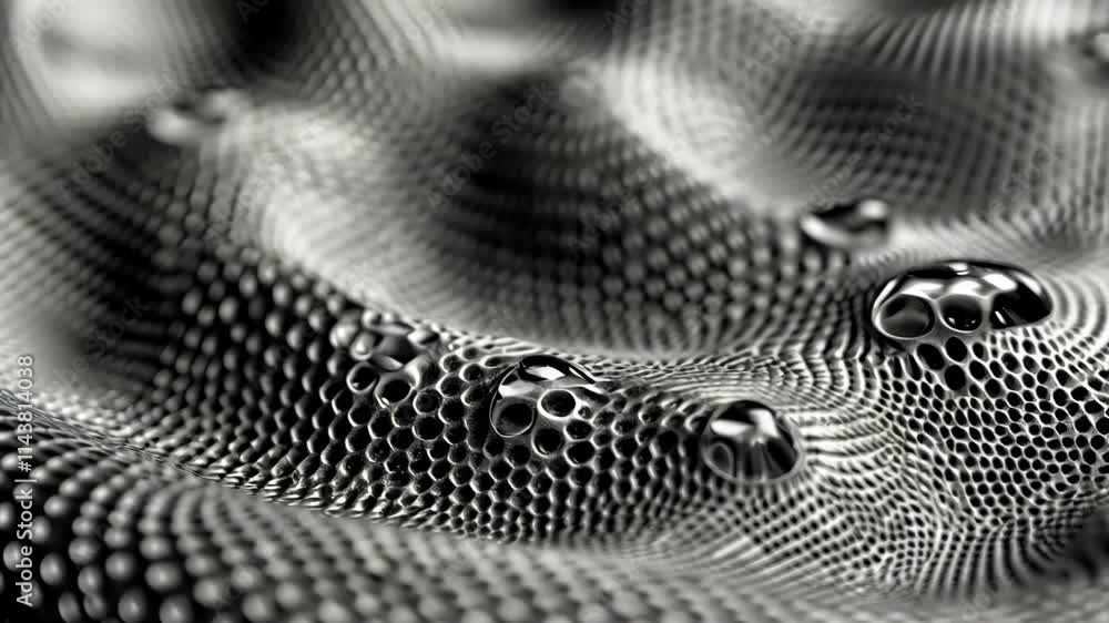 Poster close-up of water droplets on a textured surface creating ripples and reflections in a monochrome se