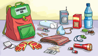 Earthquake bag. Materials in the earthquake bag.