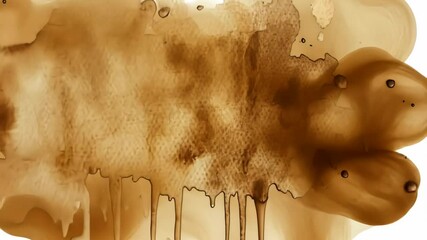 Abstract brown watercolor texture with splatters and drips on a light background for artistic designs