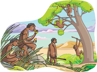 Evolution. Monkeys. Monkey family cartoon illustration. © ribella
