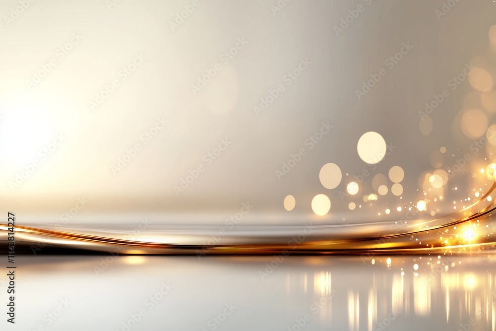 Poster golden wave with bokeh lights creates an elegant, abstract background for design settings in a studi