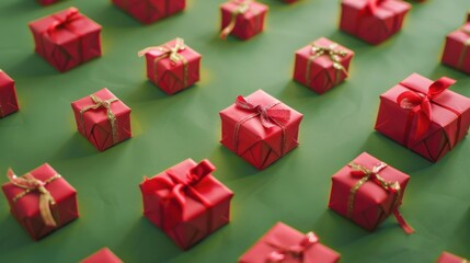 Numerous gifts in red wrapping on a green background. Soft studio lighting.