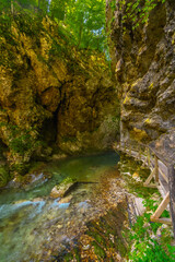 Wooden footbridge crossing emerald green river in vintgar gorge, bled, slovenia