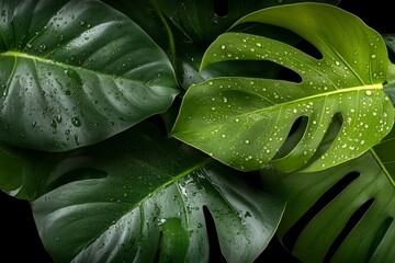 Vibrant green tropical leaves with water droplets on their surfaces captured in a close-up view against a dark background
