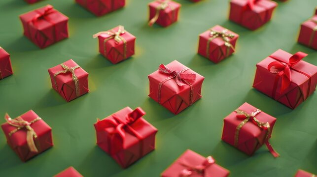 Numerous gifts in red wrapping on a green background. Soft studio lighting.
