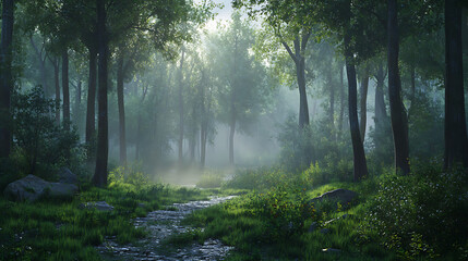 Obraz premium Enchanted Forest: A mystical path through a dense forest, bathed in the ethereal glow of morning mist, evokes a sense of serenity and wonder. 