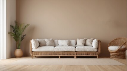 Fototapeta premium Modern Living Room with Rattan Sofa and Chair