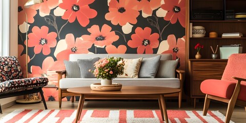 Stylish Living Room with Vibrant Floral Wallpaper and Cozy Furniture