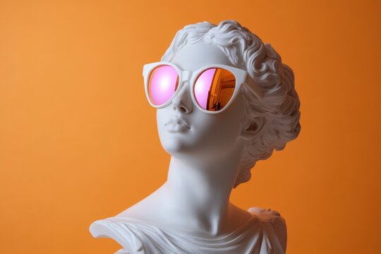 A classical white marble bust of a woman wearing modern orange-pink reflective sunglasses