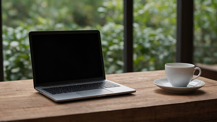 Laptop near a window,calm and quiet work place, work from home concept 