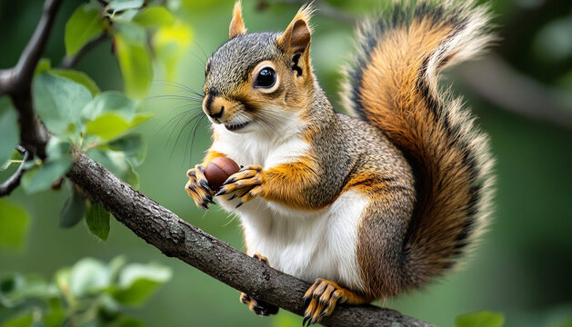 Fluffy squirrel perched on a tree branch, acorn in hand
