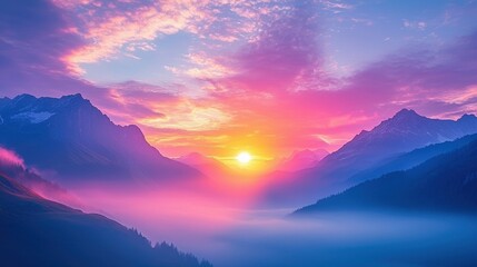 Vibrant sunrise over foggy valley nature landscape majestic mountains ethereal environment scenic viewpoint