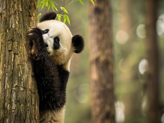 Obraz premium Panda clinging to a tree trunk, close-up shot highlighting the panda's grip and the texture of the bark, natural forest lighting.