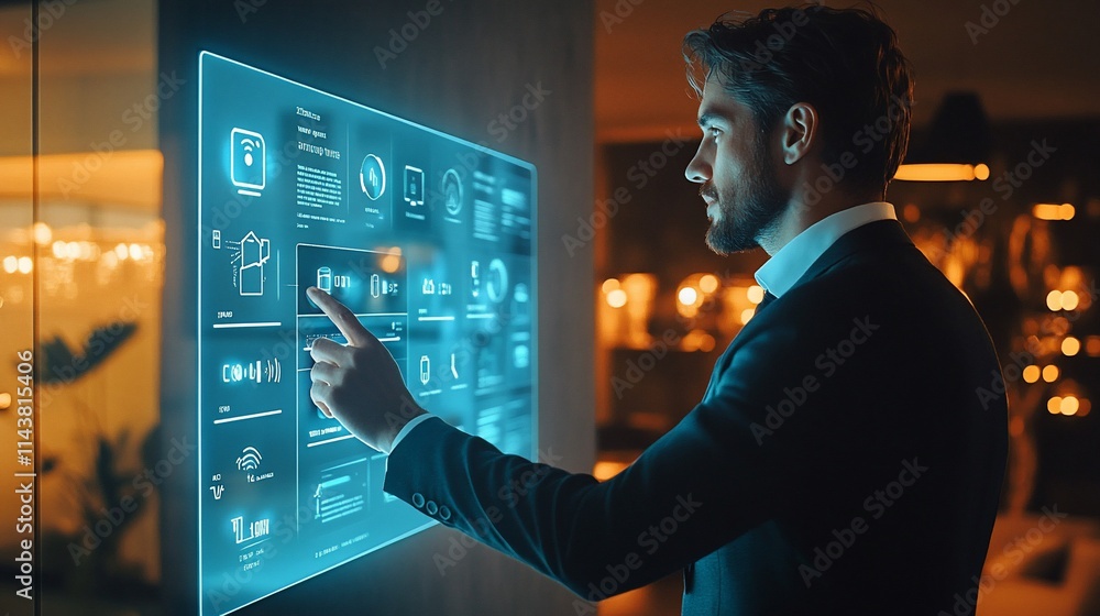 Poster a man interacting with a futuristic touchscreen interface in a modern setting.