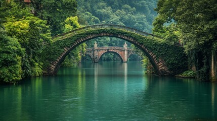 a rustic bridge spanning a wide, tranquil river, framed by lush greenery, the wooden structure blending seamlessly into the serene landscape, reflecting the calm waters below, creating a peaceful and 