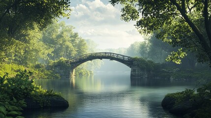 a rustic bridge spanning a wide, tranquil river, framed by lush greenery, the wooden structure blending seamlessly into the serene landscape, reflecting the calm waters below, creating a peaceful and 