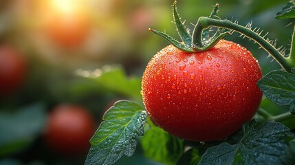 Obraz premium Ripe red tomato on the vine with water droplets. (2)