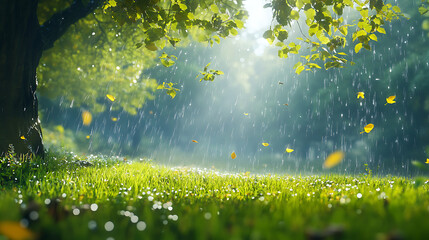 Obraz premium Rainy Day Serenity: Tranquil scene of gentle rain falling on lush green grass under a tree, sunlight breaking through the leaves. Evokes peace and tranquility. 