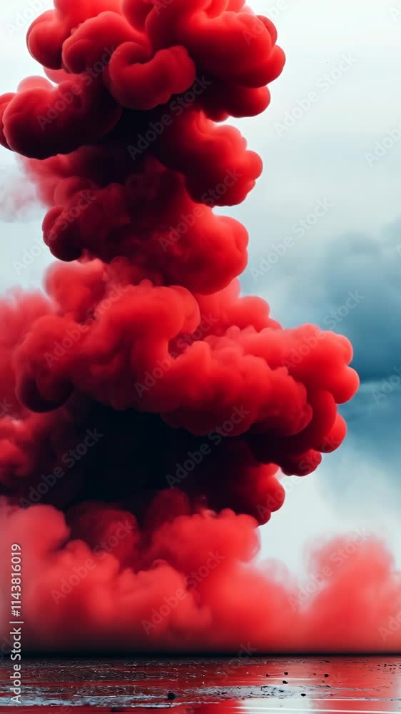 Poster vibrant red smoke billows dramatically against a cloudy backdrop in an artistic display of color and