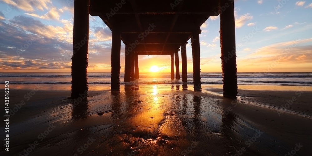 Poster expansive view of a beach sunset beneath a pier, featuring lines that draw the eye toward the vanish