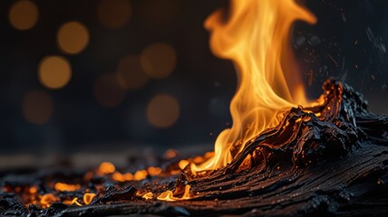 Burning wood embers glow brightly against a dark background