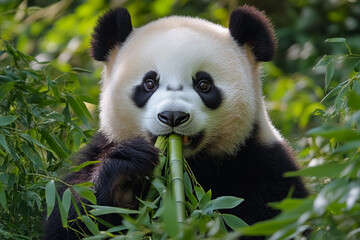 Obraz premium Gentle panda munching on bamboo in lush greenery