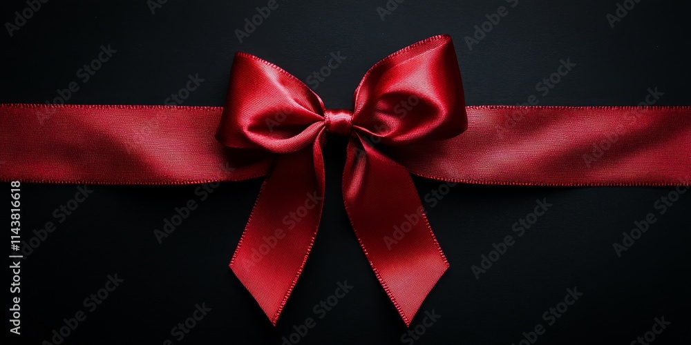 Poster Festive red ribbon and bow displayed on a black background create an elegant atmosphere. This red ribbon and bow combination offers a perfect festive touch with ample copy space.