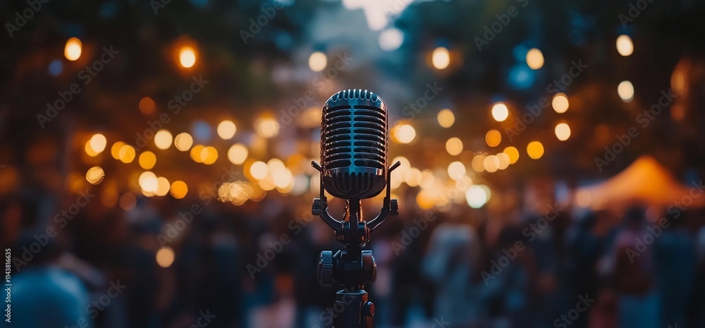 Poster a microphone stands in focus against a blurred crowd and string lights.