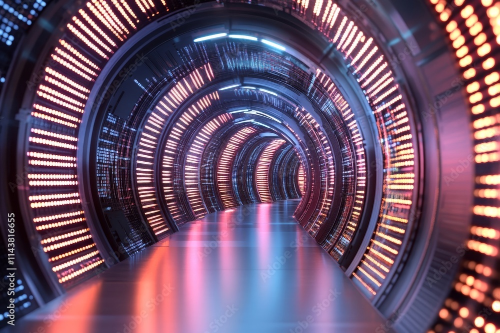 Aufkleber neon illuminated tunnel with luminous patterns in a futuristic design