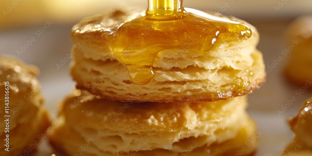 Poster close up of freshly baked homemade biscuits made with buttermilk, perfectly golden and drizzled with
