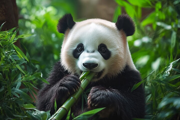 Fototapeta premium Gentle panda munching on bamboo in lush greenery